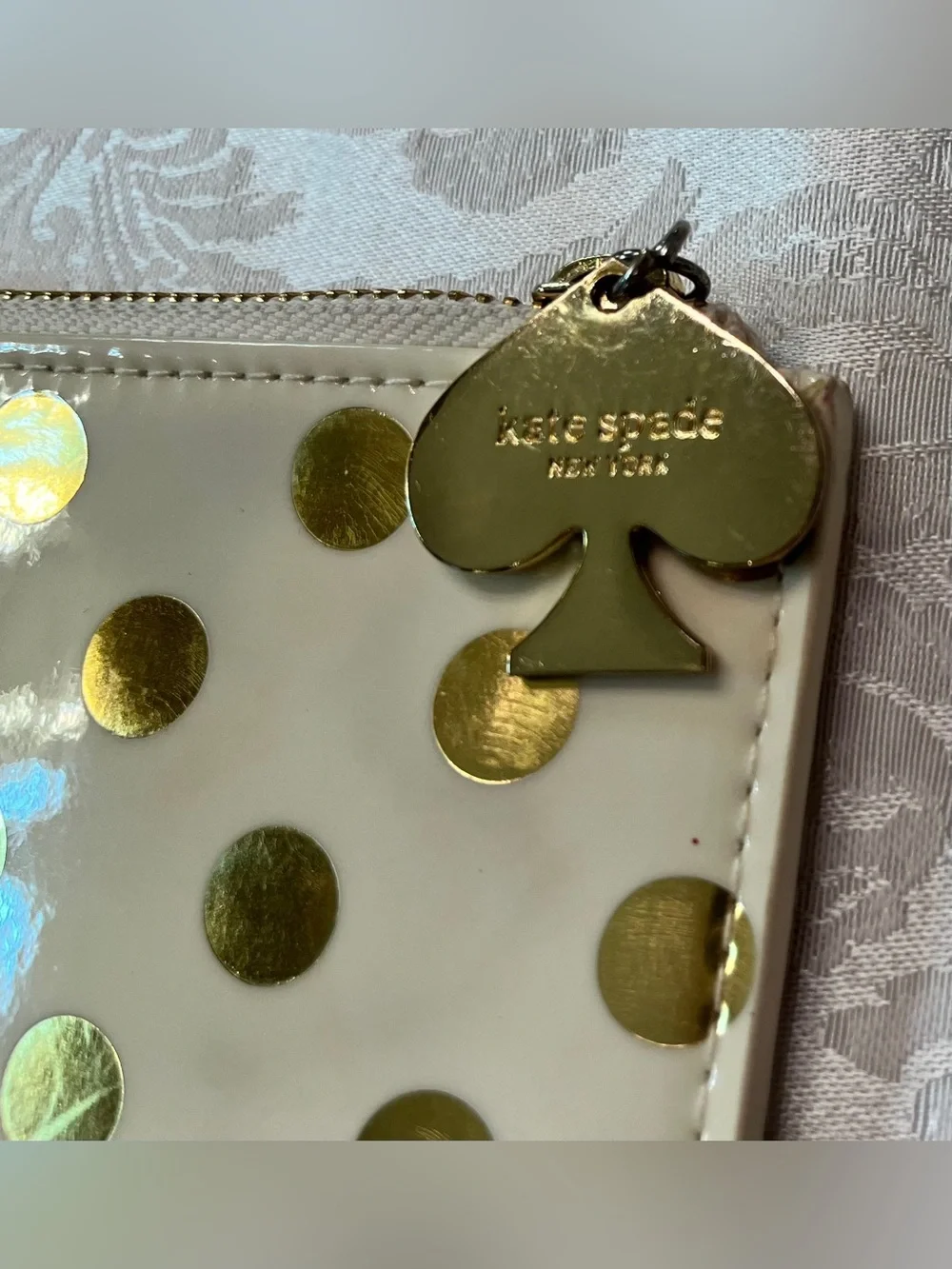 Kate Spade Cream and Gold Polka Dot Zip Pouch with Gold Spade Charm